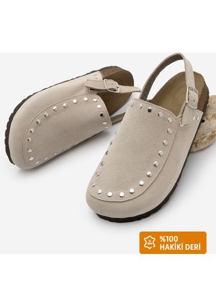 Kadın Hakiki Deri Eva Taban Önü Kapalı Zımbalı Günlük Sandalet Bolve Bej