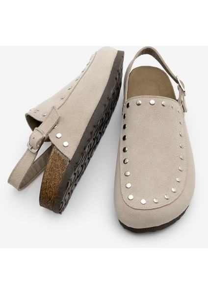 Kadın Hakiki Deri Eva Taban Önü Kapalı Zımbalı Günlük Sandalet Bolve Bej