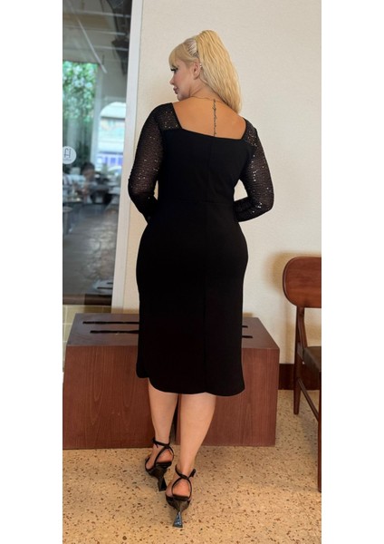 Kadın Büyük Beden Kalp Yaka Payet Detay Likralı Scuba Krep Abiye Elbise modelleri