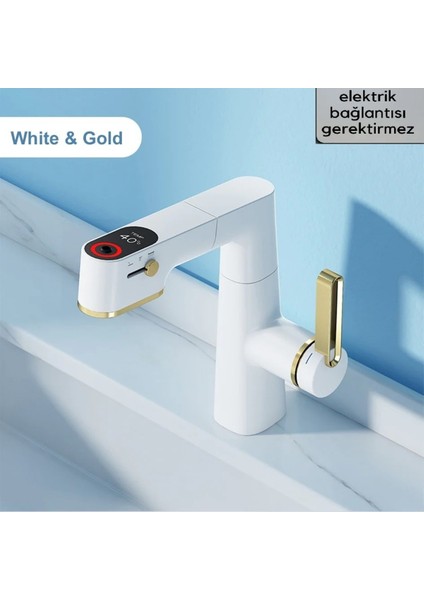 Akıllı Dijital Sıcaklık LED Ekran Banyo Lavabo Bataryası Asansörlü 4 Fonksiyonlu Ithal 7 Yıl Garanti