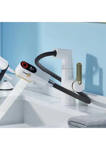 Akıllı Dijital Sıcaklık LED Ekran Banyo Lavabo Bataryası Asansörlü 4 Fonksiyonlu Ithal 7 Yıl Garanti