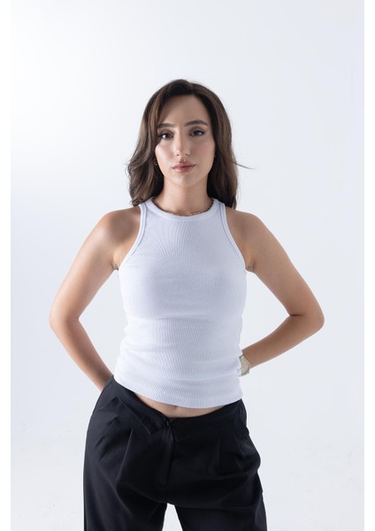 Fitilli Regular Fit Normal Kalıp Beyaz Bisiklet Yaka Sıfır Kol Pamuklu Kadın Atlet modelleri