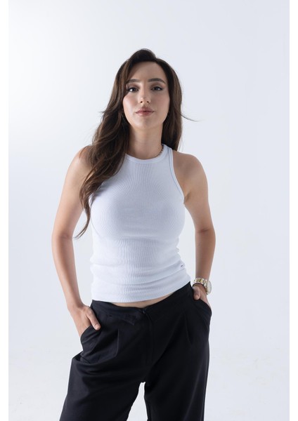 Fitilli Regular Fit Normal Kalıp Beyaz Bisiklet Yaka Sıfır Kol Pamuklu Kadın Atlet fırsatları