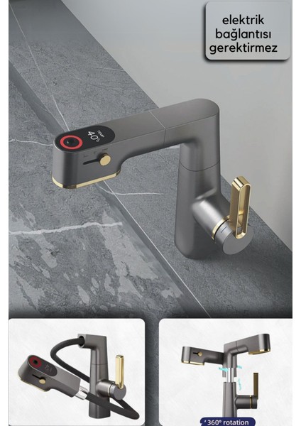 Akıllı Dijital Sıcaklık LED Ekran Banyo Lavabo Bataryası Asansörlü 4 Fonksiyonlu Ithal 7 Yıl Garanti