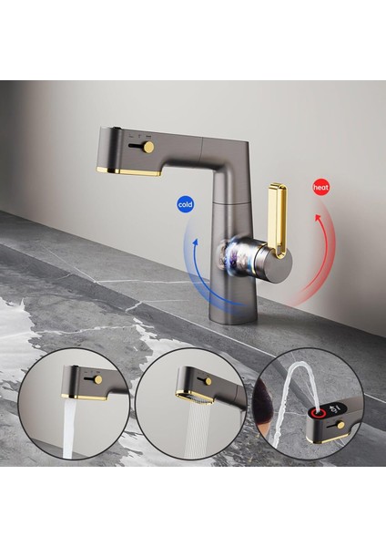 Akıllı Dijital Sıcaklık LED Ekran Banyo Lavabo Bataryası Asansörlü 4 Fonksiyonlu Ithal 7 Yıl Garanti