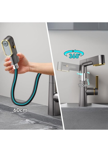 Akıllı Dijital Sıcaklık LED Ekran Banyo Lavabo Bataryası Asansörlü 4 Fonksiyonlu Ithal 7 Yıl Garanti