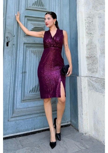 Kruvaze Yaka Payetli Midi Elbise 6031-MÜRDÜM