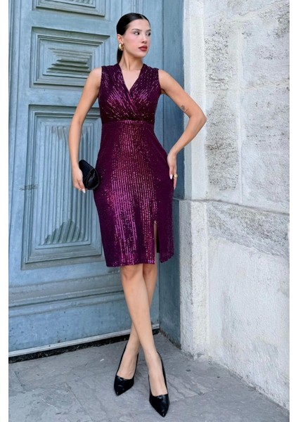 Kruvaze Yaka Payetli Midi Elbise 6031-MÜRDÜM fiyatları