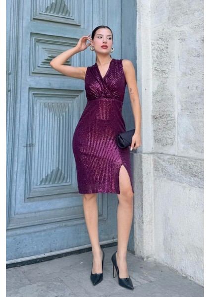 Kruvaze Yaka Payetli Midi Elbise 6031-MÜRDÜM modelleri