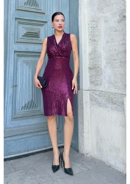 Kruvaze Yaka Payetli Midi Elbise 6031-MÜRDÜM fırsatları