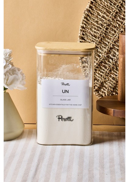 Peter Bambu Kapak Borosilikat Dikdörtgen Cam Kavanoz 1500 ml 8X12X20 cm 4 Adet Etiketli