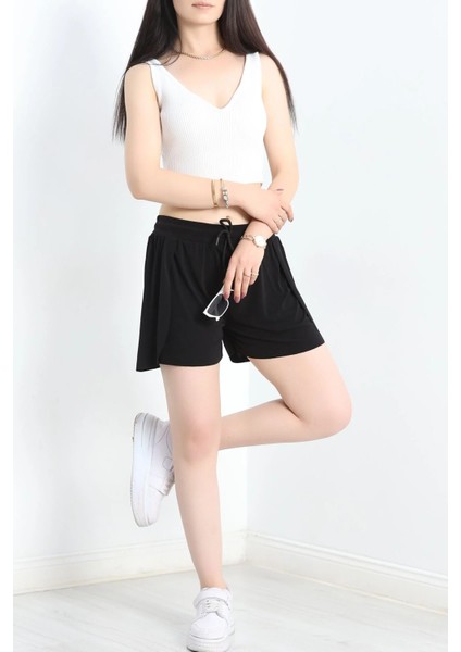 Kadın Beli Bağcıklı Yanlardan Yırtmaç Detaylı Çift Katmanlı Dökümlü Hafif Sandy Kumaş Tayt Şort