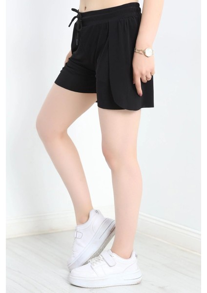 Kadın Beli Bağcıklı Yanlardan Yırtmaç Detaylı Çift Katmanlı Dökümlü Hafif Sandy Kumaş Tayt Şort modelleri