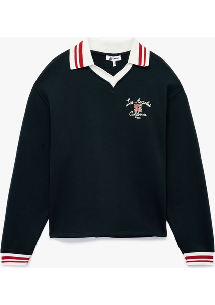 Nakış Detaylı Uzun Kollu Şardonlu Polo Yaka Oversize Sweatshirt modelleri