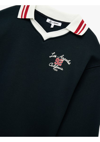 Nakış Detaylı Uzun Kollu Şardonlu Polo Yaka Oversize Sweatshirt indirimleri