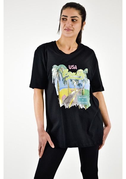 Sıfır Yaka Renkli Baskılı T-shirt