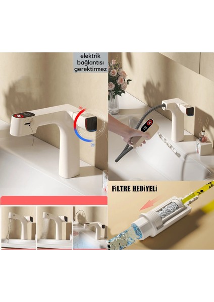 Akıllı Dijital Sıcaklık LED Ekran Banyo Lavabo Bataryası Krem Renk 4 Fonksiyonlu Ithal 7 Yıl Garanti