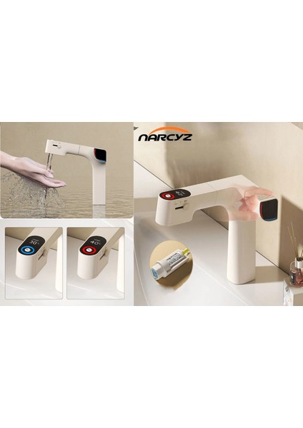 Akıllı Dijital Sıcaklık LED Ekran Banyo Lavabo Bataryası Krem Renk 4 Fonksiyonlu Ithal 7 Yıl Garanti fiyatları