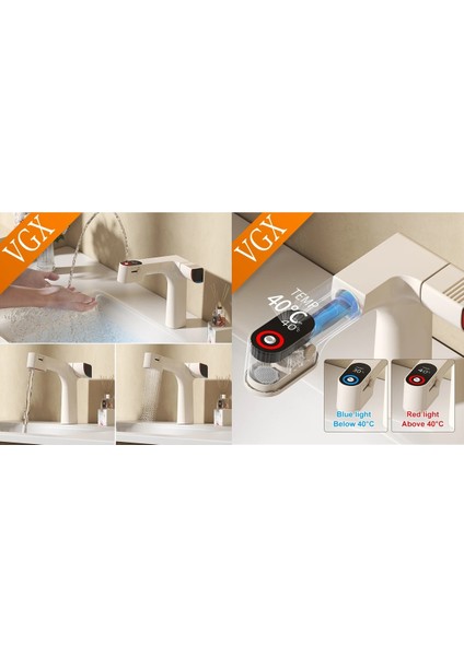 Akıllı Dijital Sıcaklık LED Ekran Banyo Lavabo Bataryası Krem Renk 4 Fonksiyonlu Ithal 7 Yıl Garanti