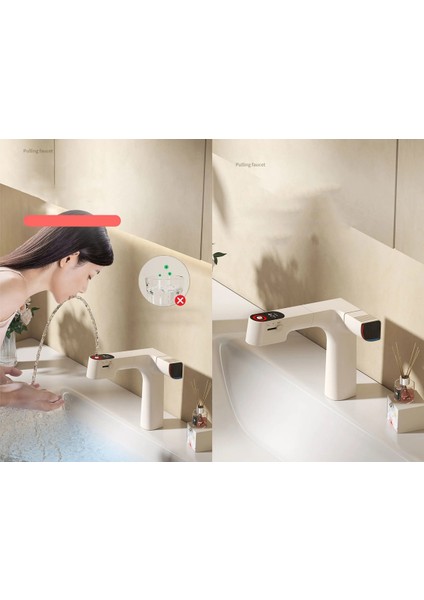 Akıllı Dijital Sıcaklık LED Ekran Banyo Lavabo Bataryası Krem Renk 4 Fonksiyonlu Ithal 7 Yıl Garanti