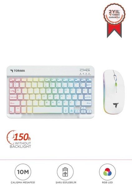 Tmk-09 Beyaz Şarj Edilebilir Rgb Işıklı Kablosuz Klavye Mouse Seti
