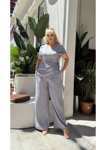 Kadın Büyük Beden Kruvaze Bağlama Detay Dokuma Sofia Keten Takım