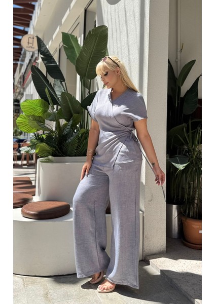 Kadın Büyük Beden Kruvaze Bağlama Detay Dokuma Sofia Keten Takım fiyatları