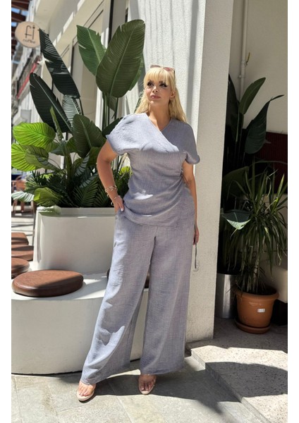 Kadın Büyük Beden Kruvaze Bağlama Detay Dokuma Sofia Keten Takım