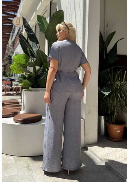 Kadın Büyük Beden Kruvaze Bağlama Detay Dokuma Sofia Keten Takım