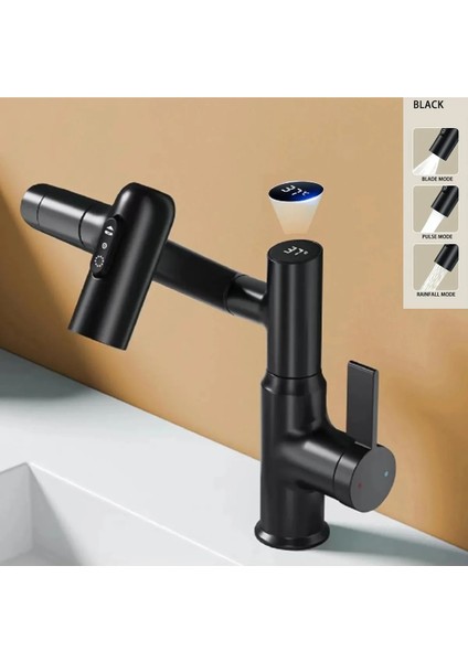 Akıllı Dijital Sıcaklık LED Ekran Banyo Lavabo Bataryası Katlanır Ithal Siyah 7 Yıl Garantili