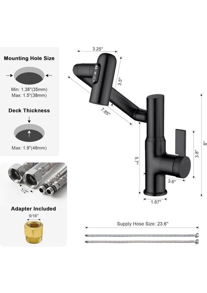 Akıllı Dijital Sıcaklık LED Ekran Banyo Lavabo Bataryası Katlanır Ithal Siyah 7 Yıl Garantili modelleri