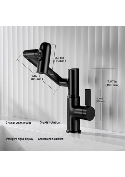 Akıllı Dijital Sıcaklık LED Ekran Banyo Lavabo Bataryası Katlanır Ithal Siyah 7 Yıl Garantili