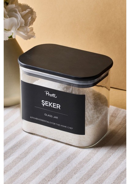 Porter Siyah Kapak Borosilikat Dikdörtgen Cam Kavanoz 800 ml 8X12X10 cm 4 Adet Etiketli modelleri