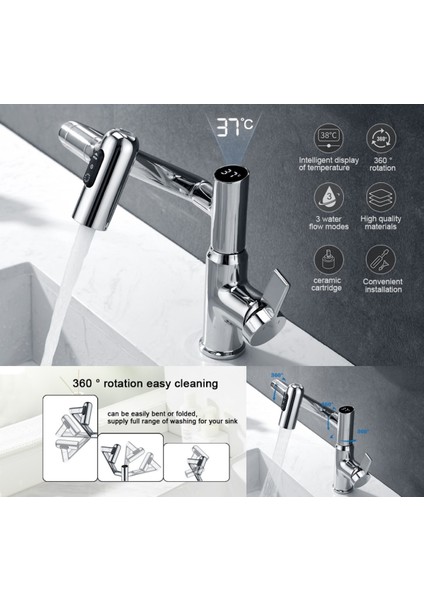 Akıllı Dijital Sıcaklık LED Ekran Banyo Lavabo Bataryası Katlanır Ithal Krom 7 Yıl Garantili