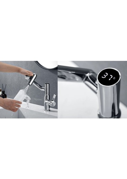 Akıllı Dijital Sıcaklık LED Ekran Banyo Lavabo Bataryası Katlanır Ithal Krom 7 Yıl Garantili