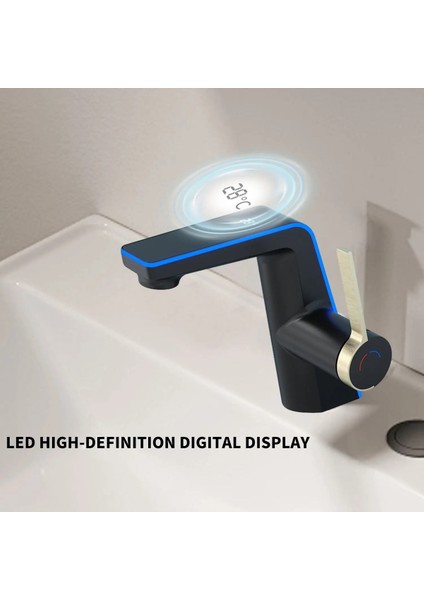 Dijital Sıcaklık LED Ekran Göstergeli Banyo Lavabo Bataryası Siyah Gold Renk Ithal 7 Yıl Garanti