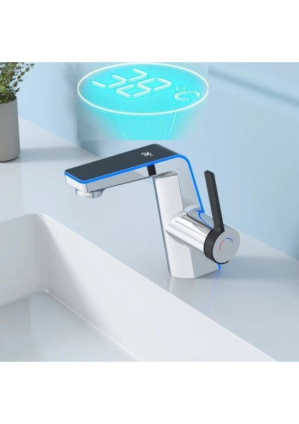 Akıllı Dijital Sıcaklık LED Ekran Banyo Lavabo Bataryası Krom 2 Akış Ayarı Ithal 7 Yıl Garanti