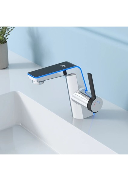 Akıllı Dijital Sıcaklık LED Ekran Banyo Lavabo Bataryası Krom 2 Akış Ayarı Ithal 7 Yıl Garanti