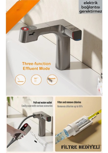 Akıllı Dijital Sıcaklık LED Ekran Banyo Lavabo Bataryası Antrasit 4 Fonksiyonlu Ithal 7 Yıl Garanti