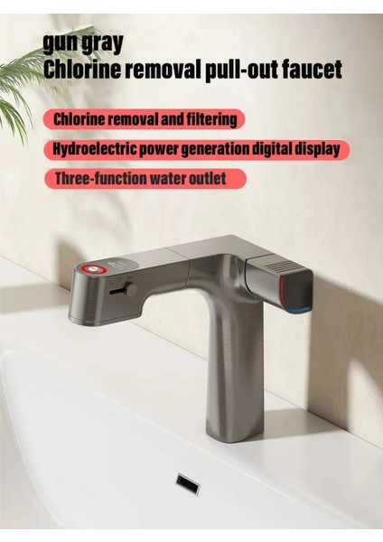 Akıllı Dijital Sıcaklık LED Ekran Banyo Lavabo Bataryası Antrasit 4 Fonksiyonlu Ithal 7 Yıl Garanti