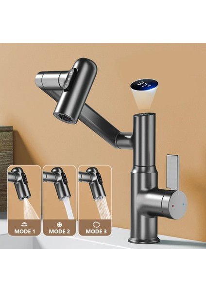 Akıllı Dijital Sıcaklık LED Ekran Banyo Lavabo Bataryası Katlanır Ithal Antrasit 7 Yıl Garantili