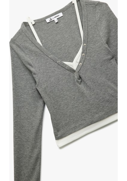 V Yaka Uzun Kollu Düğmeli Atlet Detaylı Kaşkorse Crop Tişört indirimleri