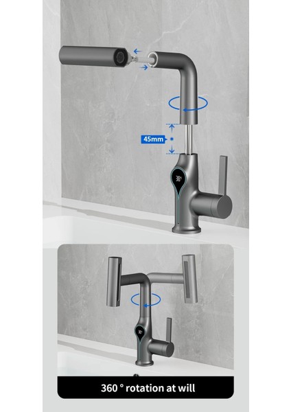 Akıllı Dijital Sıcaklık LED Ekran Banyo Lavabo Bataryası Asansörlü 4 Fonksiyonlu Ithal 7 Yıl Garanti