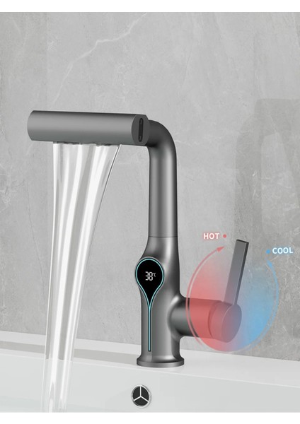 Akıllı Dijital Sıcaklık LED Ekran Banyo Lavabo Bataryası Asansörlü 4 Fonksiyonlu Ithal 7 Yıl Garanti