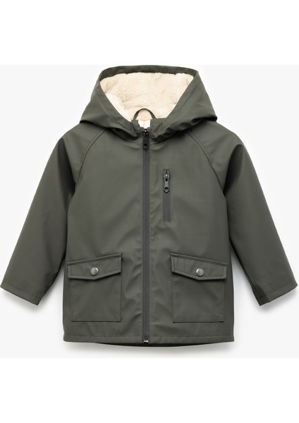 Uzun Kollu Peluş Astarlı Fermuarlı Kapşonlu Yağmurluk