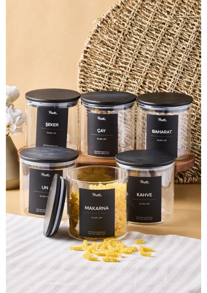 Laura 6'lı Siyah Ahşap Kapak Cam Kavanoz 750 ml 10X10 cm 16 Adet Etiket Hediyeli