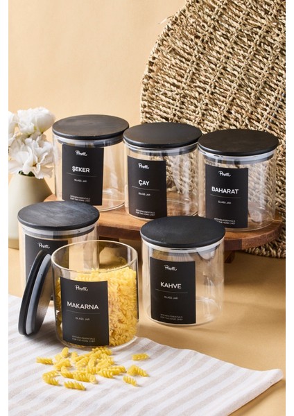 Laura 6'lı Siyah Ahşap Kapak Cam Kavanoz 750 ml 10X10 cm 16 Adet Etiket Hediyeli modelleri