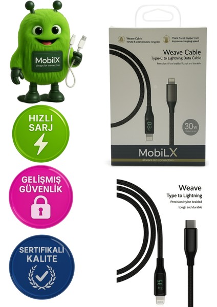 Mobilx 30W Type-C To Lightning Örgülü Şarj Kablosu – Dijital Ekranlı | Model: Mu-07