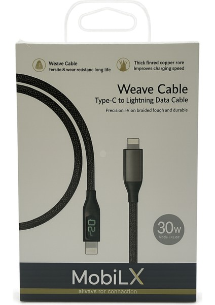 Mobilx 30W Type-C To Lightning Örgülü Şarj Kablosu – Dijital Ekranlı | Model: Mu-07 fiyatları