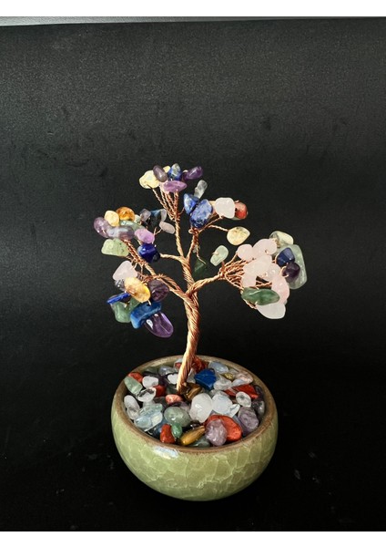 Porselen Saksılı Bolluk Ağacı 7 Çakra Taşı